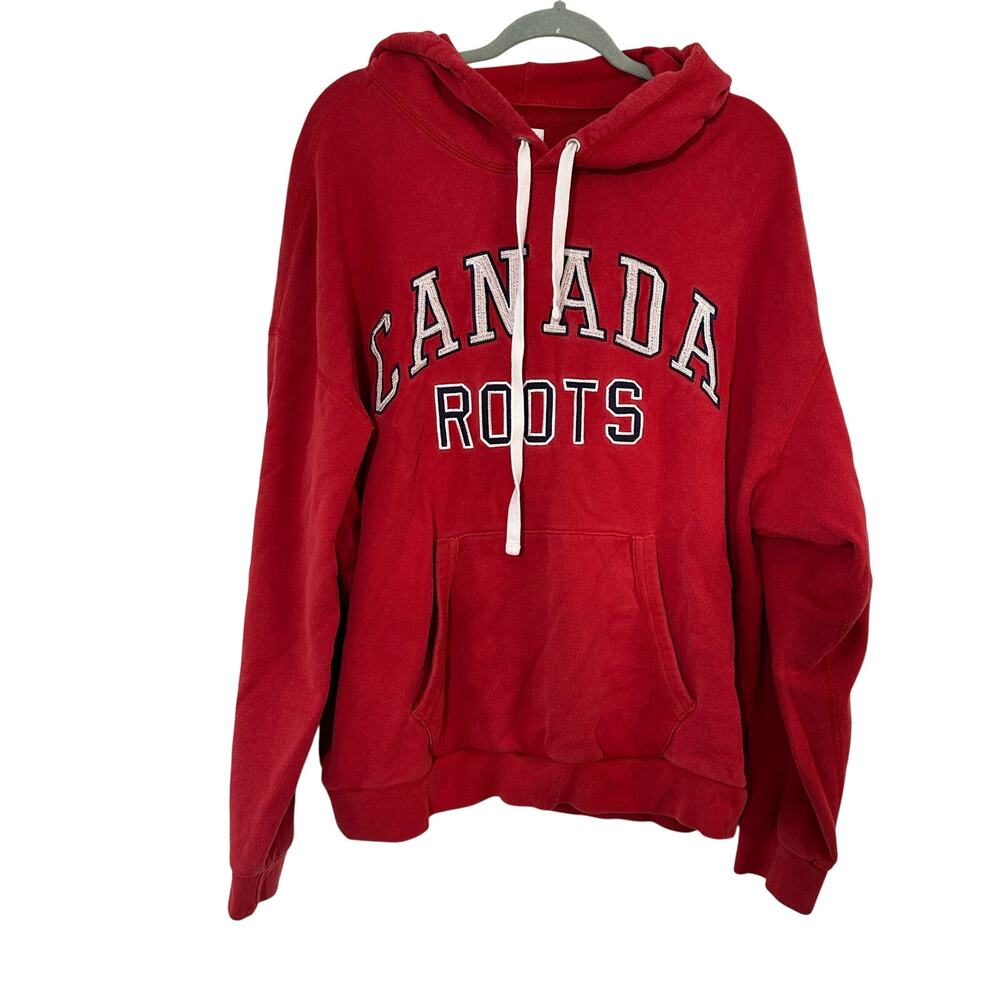CANADA ROOTS Collegiate Spellout Logo Red Embroidered Hoodie Sweatshirt - L/XL